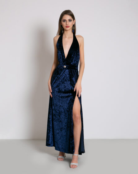 Blue-colored velvet evening dress