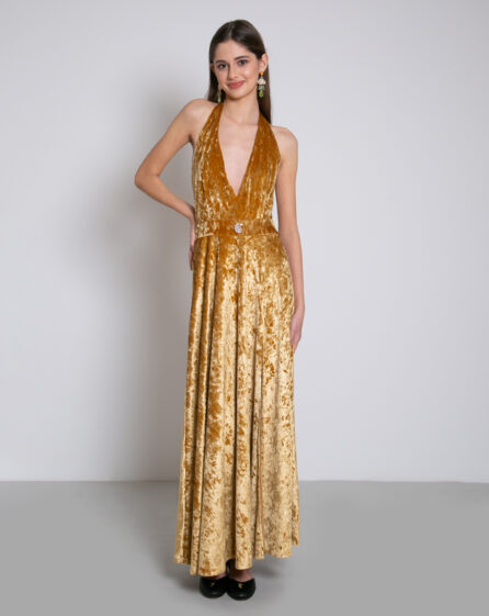 Mustard-colored velvet evening dress