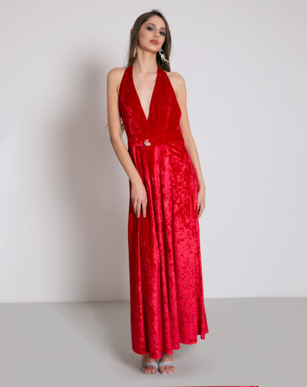 Red velvet evening dress