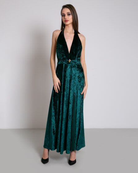 Green-colored velvet evening dress