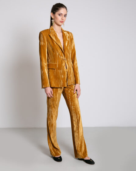 Mustard-colored velvet suit